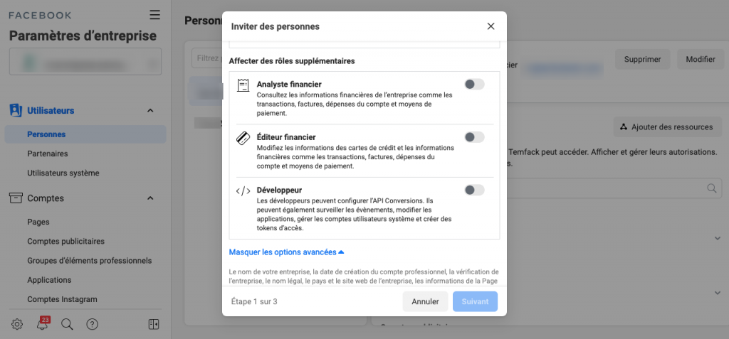 Options rôles Facebook Business Manager
