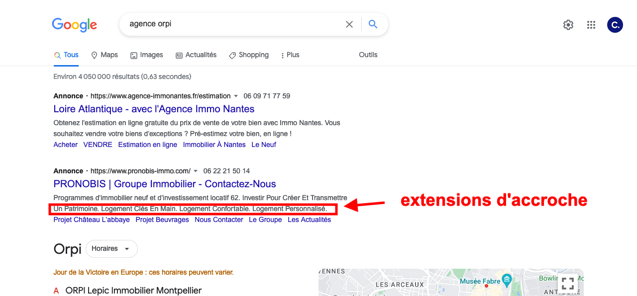 extensions accroche google ads site immobilier