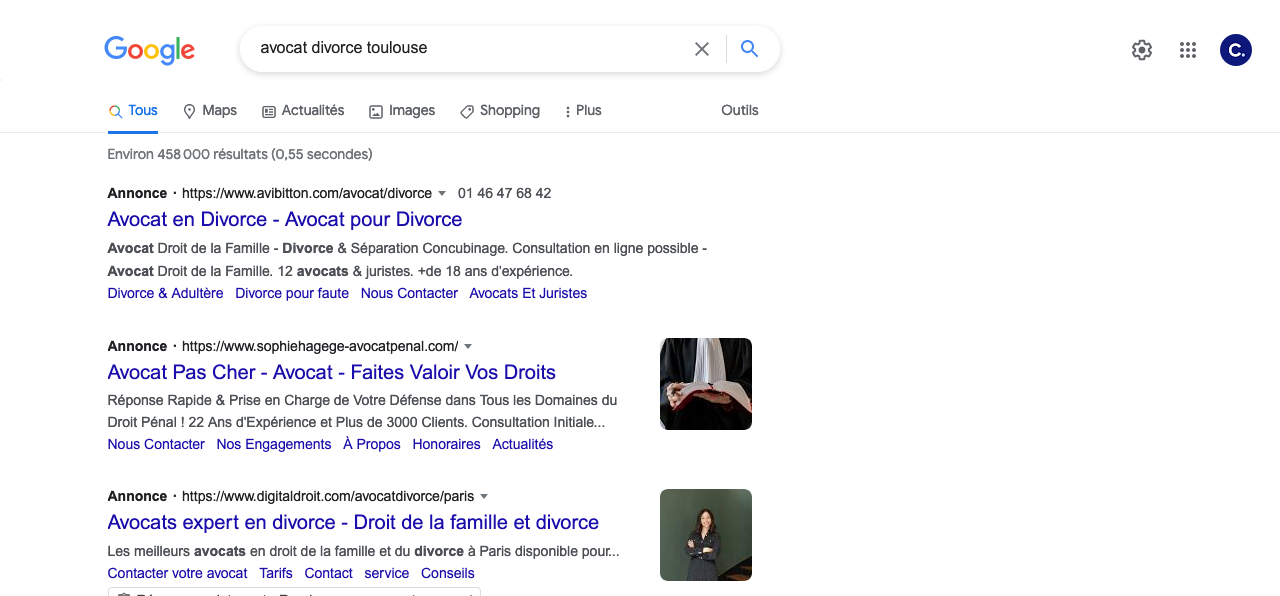 requete Google "avocat divorce Toulouse"