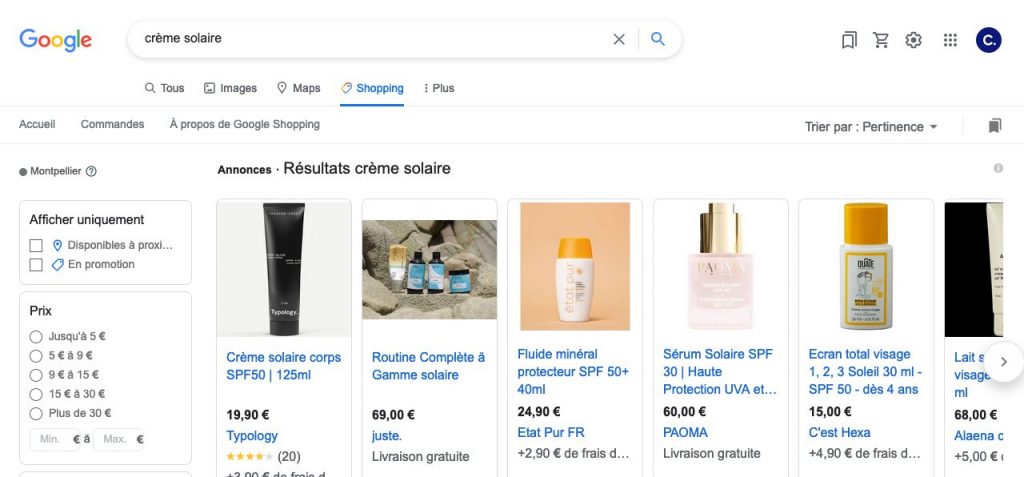 requete google shopping onglet "shopping"